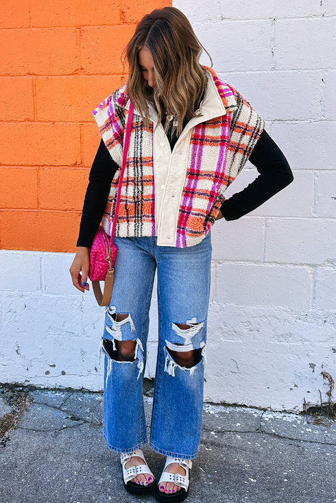 Mountain Trail Cozy Plaid Sherpa Fleece Sleeveless Puffer Vest